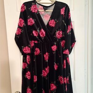 Torrid Black Velvet Maxi Dress with Pink Rose Print